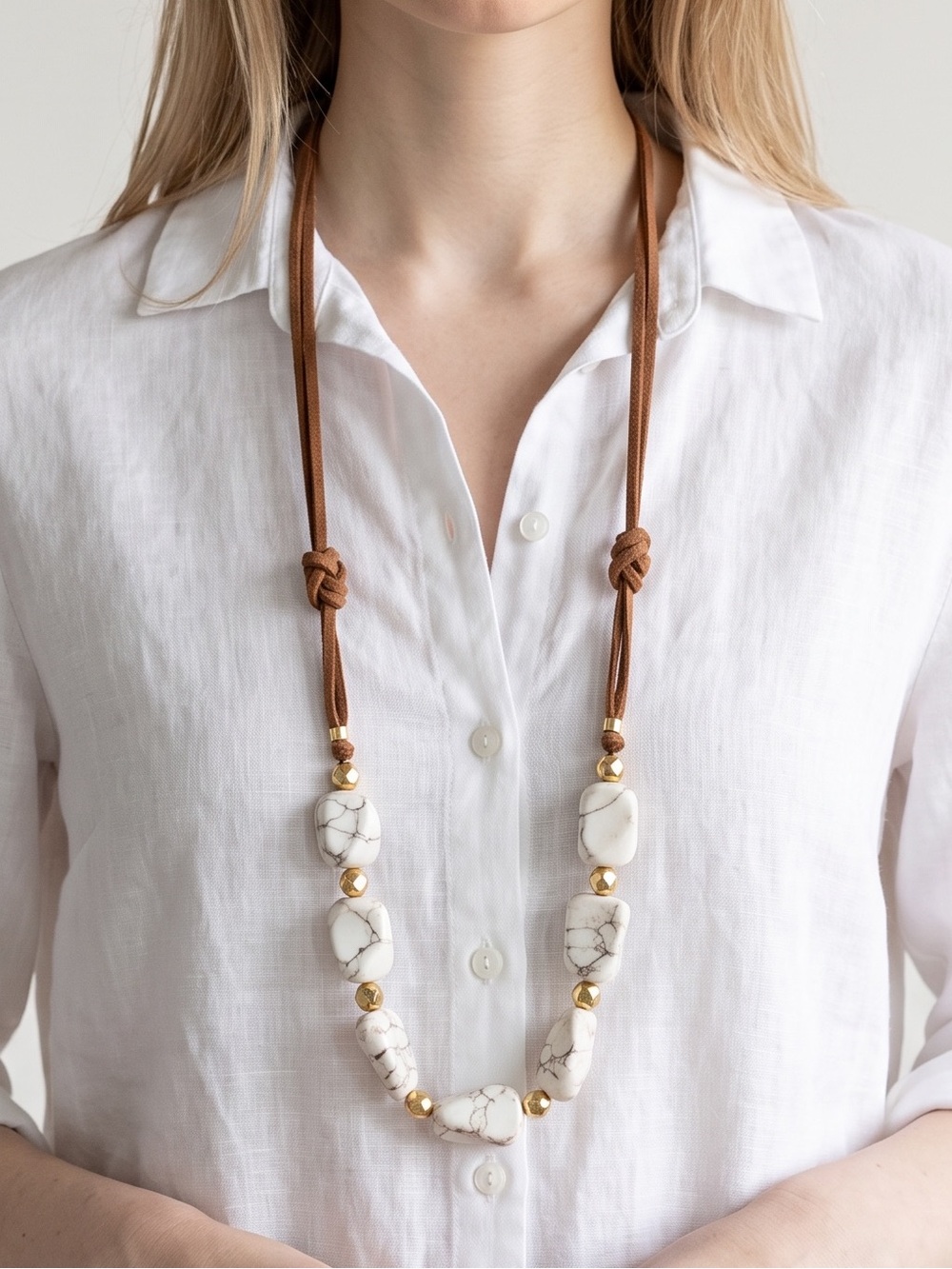 Handcrafted White Howlite Bead Necklace with Brown Leather Cord